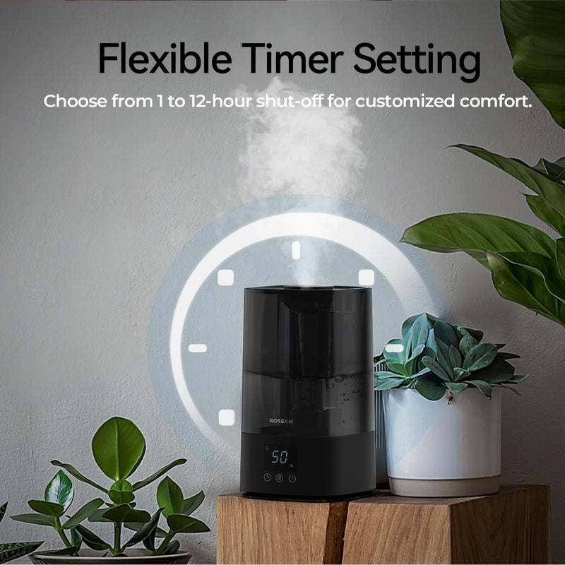 Rosekm Automatic Humidifiers for Bedroom Large Room, 4.5L Cool Mist Humidifier for Home & Plant with Timer & Humidity Sensor, Last Up to 18H on High Setting, Auto Shut-Off, 360° Nozzle (Black) - Image 4